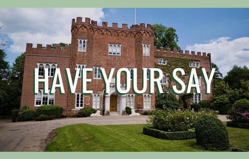 The front of Hertford Castle's Gatehouse and grounds. The text 